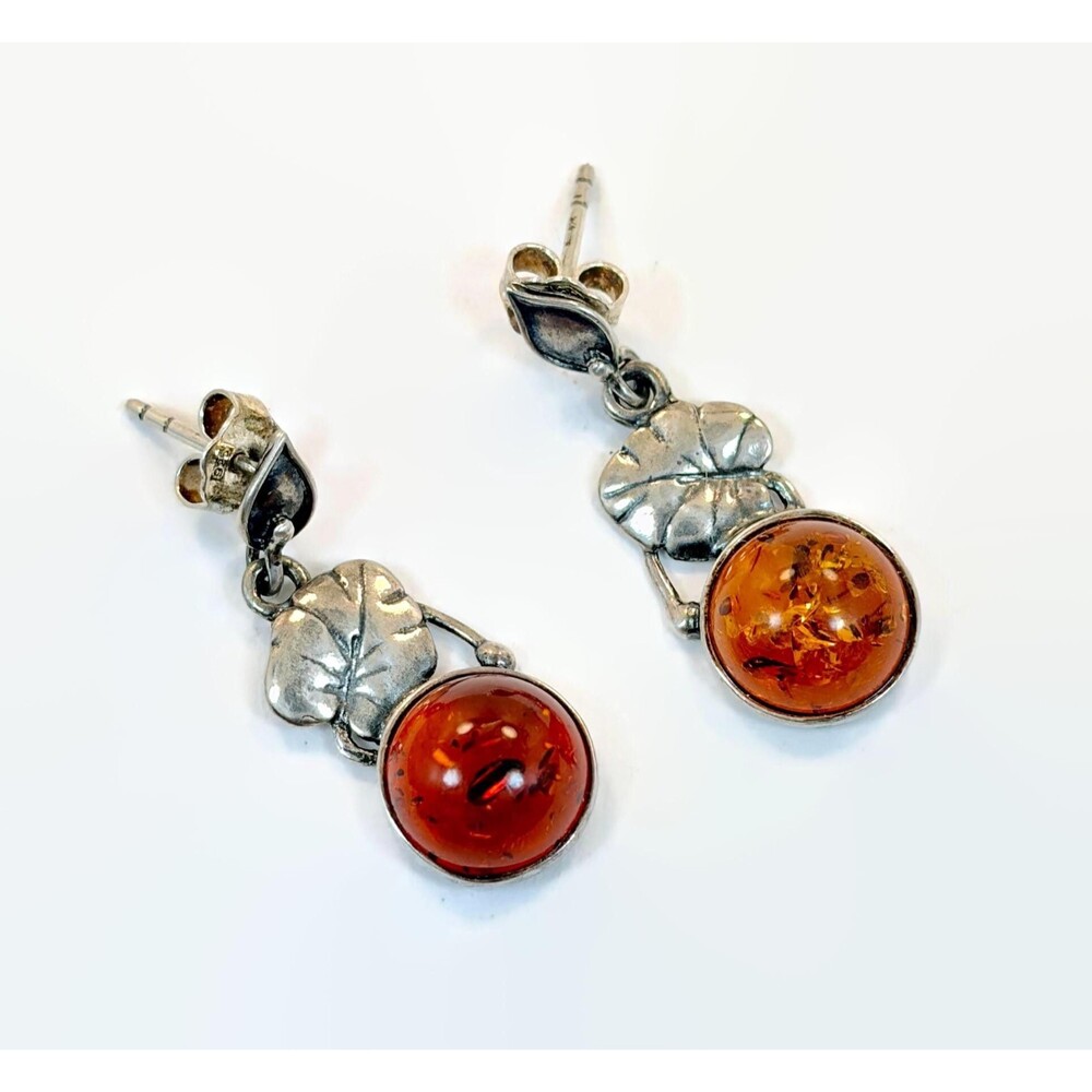 Amber Earrings, Sterling Silver, Vintage, Leaves, Art Nouveau Style, Pierce